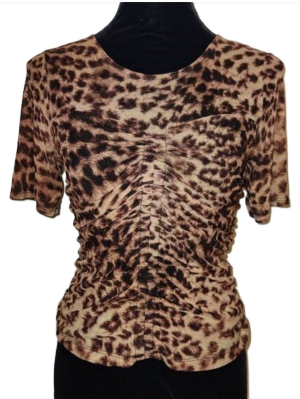 Leopard Print Ruched Mesh Top Sheer Sweetheart Neckline XL - Picture 7 of 7